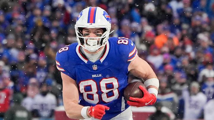 Dec 7, 2025; Orchard Park, New York, USA; Buffalo Bills tight end Dawson Knox (88) runs with the ball in the fourth quarter against the Cincinnati Bengals at Highmark Stadium. Mandatory Credit: Gregory Fisher-Imagn Images