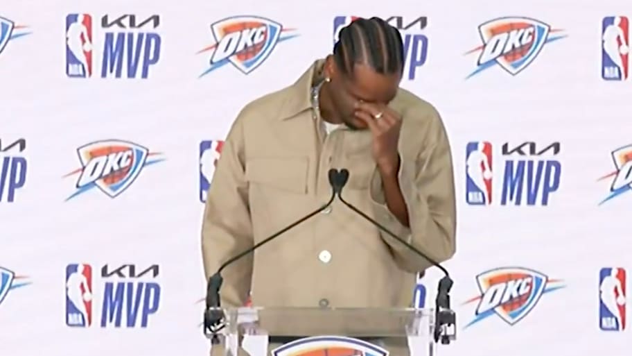 SGA was emotional speaking about his wife, Hailey Summers. | Screenshot via @NBA on X.