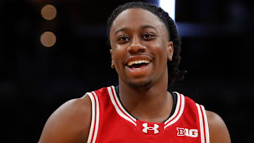 Wisconsin Badgers guard John Blackwell (25) celebrates as the clock runs down Saturday, Dec. 14, 2024, during the NCAA men’s basketball game between the Butler Bulldogs and the Wisconsin Badgers at Gainbridge Fieldhouse in Indianapolis. Wisconsin Badgers won 83-74.