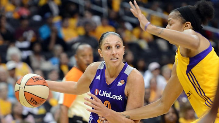Sep 19, 2013; Los Angeles, CA, USA; Los Angeles Sparks center Candace Parker (3) guards Phoenix Mercury guard Diana Taurasi (3) in the second half of game 1 of the Western Conference semi-finals at Staples Center. Phoenix won 86-75. Mandatory Credit: Jayne Kamin-Oncea-Imagn Images Sep 19, 2013; Los Angeles, CA, USA; Los Angeles Sparks center Candace Parker (3) guards Phoenix Mercury guard Diana Taurasi (3) in the second half of game 1 of the Western Conference semi-finals at Staples Center. Phoenix won 86-75. Mandatory Credit: Jayne Kamin-Oncea-Imagn Images