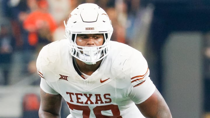 Dec 2, 2023; Arlington, TX, USA; Texas Longhorns offensive lineman Kelvin Banks Jr. (78) during the second quarter against the Oklahoma State Cowboys at AT&T Stadium. Mandatory Credit: Andrew Dieb-USA TODAY Sports