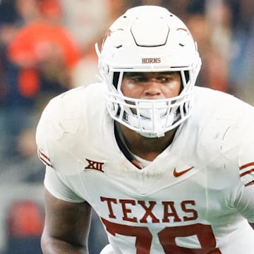 Dec 2, 2023; Arlington, TX, USA; Texas Longhorns offensive lineman Kelvin Banks Jr. (78) during the second quarter against the Oklahoma State Cowboys at AT&T Stadium. Mandatory Credit: Andrew Dieb-Imagn Images