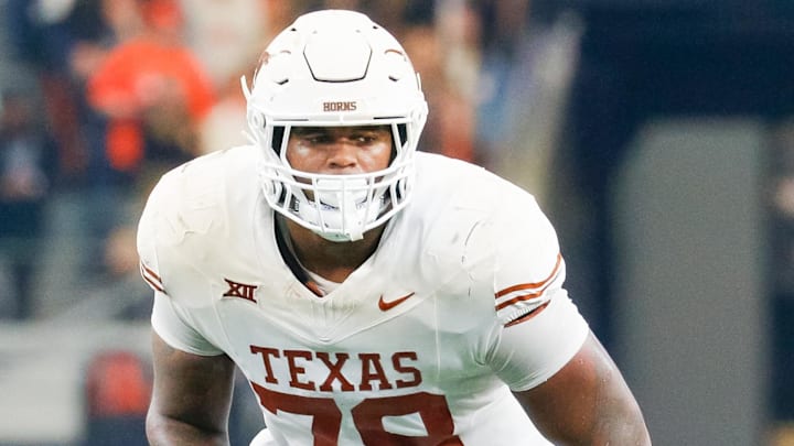 Dec 2, 2023; Arlington, TX, USA; Texas Longhorns offensive lineman Kelvin Banks Jr. (78) during the second quarter against the Oklahoma State Cowboys at AT&T Stadium. Mandatory Credit: Andrew Dieb-Imagn Images