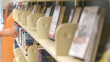 Holly Hunter, Anderson County Librarian, looks over a shelf of books in Anderson, South Carolina, USA, Tuesday, Oct 15, 2024.