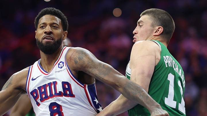 Apr 30, 2026; Philadelphia, Pennsylvania, USA; Philadelphia 76ers forward Paul George (8) drives against Boston Celtics guard Payton Pritchard (11) during the third quarter at Xfinity Mobile Arena. Mandatory Credit: Bill Streicher-Imagn Images