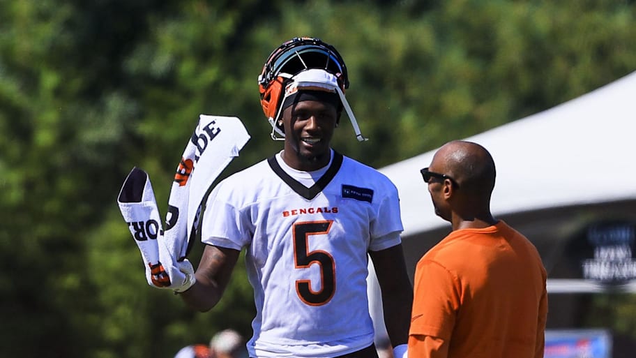 Jul 23, 2025; Cincinnati, OH, USA; Cincinnati Bengals wide receiver Andrei Iosivas (80) and wide receiver Tee Higgins (5) stand on the field during training camp at Kettering Health Practice Field. Mandatory Credit: Katie Stratman-Imagn Images | Katie Stratman-Imagn Images