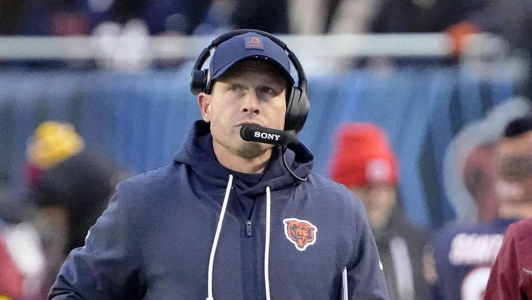 Jan 4, 2026; Chicago, Illinois, USA; Chicago Bears head coach Ben Johnson looks on from the sideline against the Detroit Lions during the first half at Soldier Field. Mandatory Credit: David Banks-Imagn Images