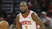 Dec 5, 2025; Houston, Texas, USA; Houston Rockets forward Kevin Durant (7) controls the ball during the game against the Phoenix Suns at Toyota Center. Mandatory Credit: Troy Taormina-Imagn Images