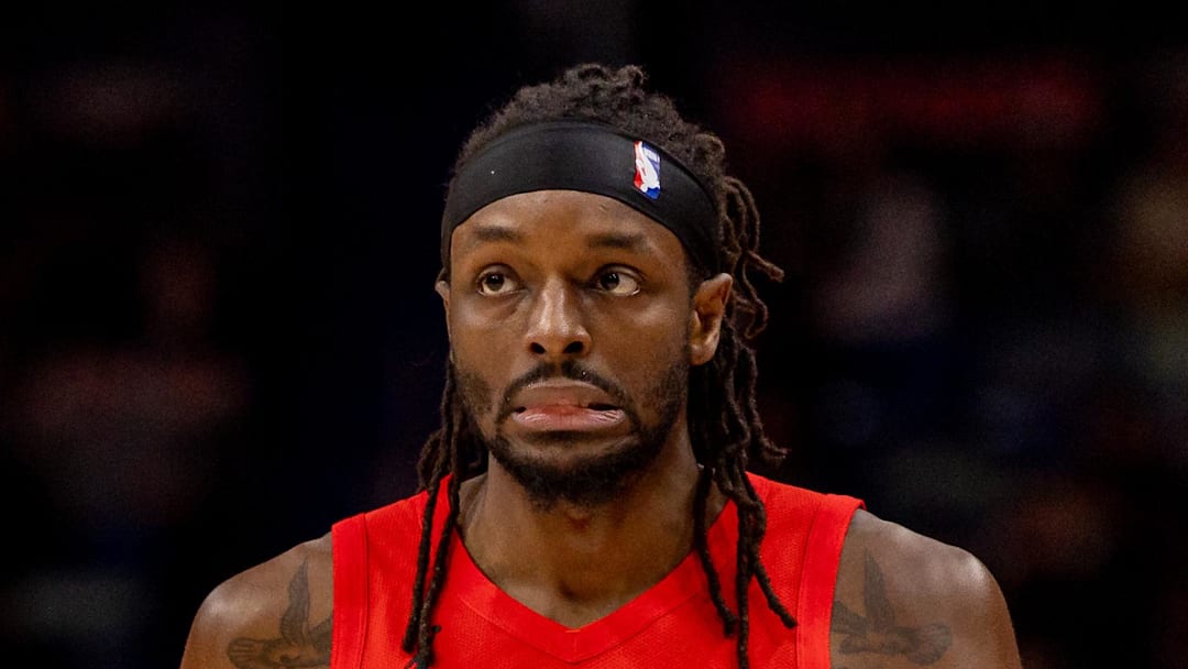 Dec 11, 2025; New Orleans, Louisiana, USA;  Portland Trail Blazers forward Jerami Grant (9) reacts to a play against the New Orleans Pelicans during the first half at Smoothie King Center. Mandatory Credit: Stephen Lew-Imagn Images
