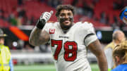 Dec 10, 2023; Atlanta, Georgia, USA; Tampa Bay Buccaneers offensive tackle Tristan Wirfs (78) celebrates after a victory against the Atlanta Falcons at Mercedes-Benz Stadium. Mandatory Credit: Brett Davis-USA TODAY Sports