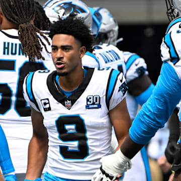 Sep 15, 2024; Charlotte, North Carolina, USA; Carolina Panthers quarterback Bryce Young (9) with offensive tackle Ikem Ekwonu (79) before the game at Bank of America Stadium.