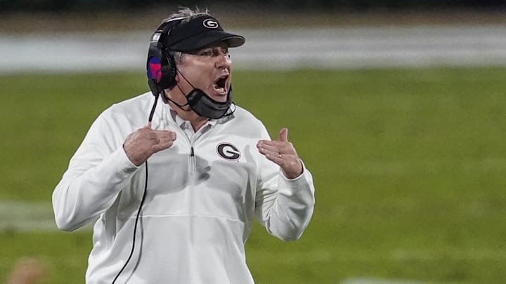 Nov 21, 2020; Athens, Georgia, USA; Georgia Bulldogs head coach Kirby Smart reacts on the sideline during the game against the Mississippi State Bulldogs during the second half at Sanford Stadium. Mandatory Credit: Dale Zanine-Imagn Images