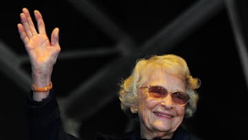 October 22, 2011; London, ENGLAND; Chicago Bears owner Virginia McCaskey waves during the 2011 NFL International Series fan rally at Trafalgar Square. Mandatory Credit: Kyle Terada-Imagn Images