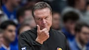 Nov 11, 2025; Lawrence, Kansas, USA; Kansas Jayhawks head coach Bill Self reacts during the first half against the Texas A&M-Corpus Christi Islanders at Allen Fieldhouse. Mandatory Credit: Jay Biggerstaff-Imagn Images