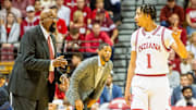 Indiana coach Mike Woodson talks with point guard Myles Rice (1) on the sidelines at Assembly Hall in Bloomington, Ind.