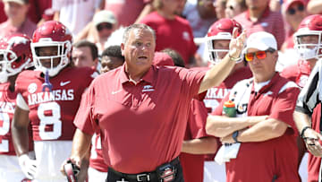Sep 10, 2022; Fayetteville, Arkansas, USA; Arkansas Razorbacks head coach Sam Pittman reacts toward an official after a play in the second quarter against the South Carolina Gamecocks at Donald W. Reynolds Razorback Stadium. Mandatory Credit: Nelson Chenault-Imagn Images