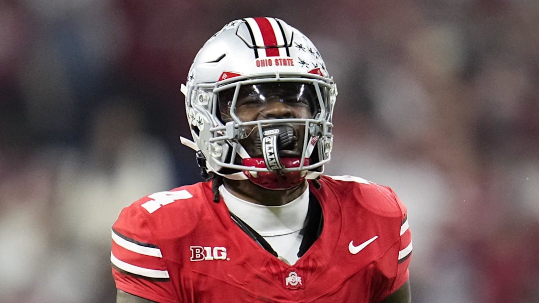 Ohio State Buckeyes wide receiver Jeremiah Smith celebrates a catch.