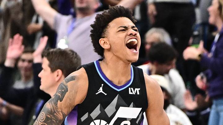 Apr 9, 2025; Salt Lake City, Utah, USA;  Utah Jazz guard Keyonte George (3) celebrates after sinking a three point basket in overtime against the Portland Trail Blazers at Delta Center. Mandatory Credit: Jamie Sabau-Imagn Images
