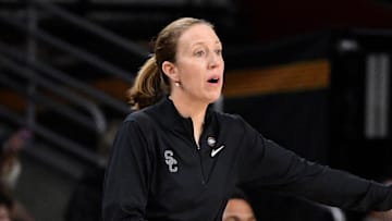 Mar 24, 2025; Los Angeles, California, USA; USC Trojans head coach Lindsay Gottlieb during an NCAA Tournament second round game against the Mississippi State Bulldogs at Galen Center. Mandatory Credit: Robert Hanashiro-Imagn Images
