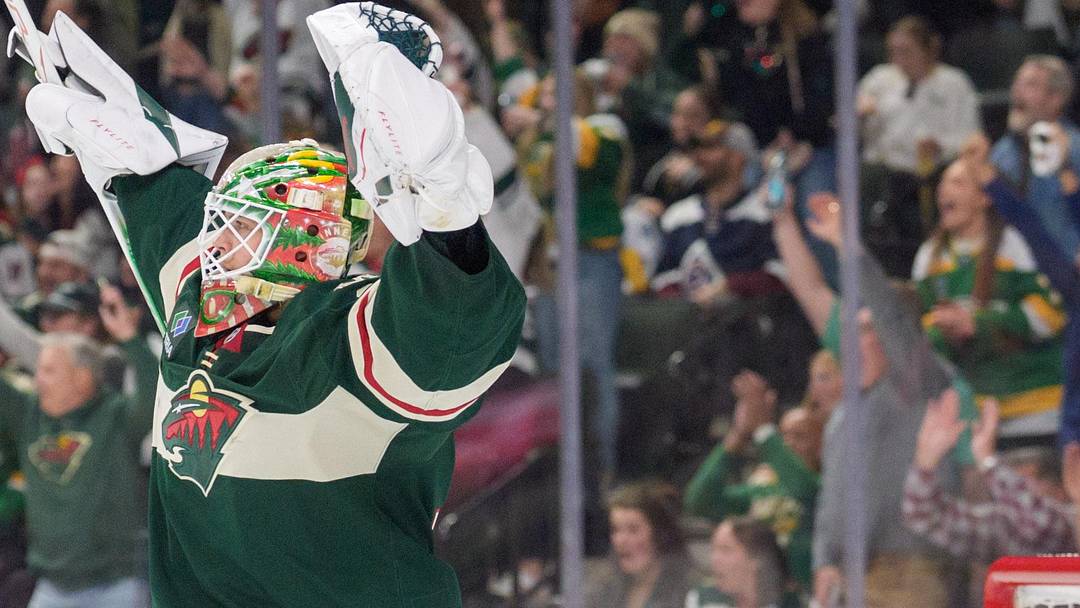 May 9, 2026; Saint Paul, Minnesota, USA; Minnesota Wild goaltender Jesper Wallstedt (30) celebrates after defenseman Quinn Hughes (43) (not pictured) scores against the Colorado Avalanche in the first period of game three of the second round of the 2026 Stanley Cup Playoffs at Grand Casino Arena. (Mandatory Credit: Matt Blewett-Imagn Images) May 9, 2026; Saint Paul, Minnesota, USA; Minnesota Wild goaltender Jesper Wallstedt (30) celebrates after defenseman Quinn Hughes (43) (not pictured) scores against the Colorado Avalanche in the first period of game three of the second round of the 2026 Stanley Cup Playoffs at Grand Casino Arena. (Mandatory Credit: Matt Blewett-Imagn Images)