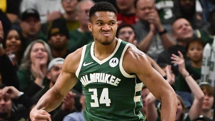 Milwaukee Bucks forward Giannis Antetokounmpo (34) reacts (Mandatory Credit: Benny Sieu-Imagn Images)