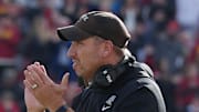 Iowa State head coach Matt Campbell celebrates after an interception by defenders against Kansas during the fourth quarter in the senior day on Nov. 22, 2025, at Jack Trice Stadium in Ames, Iowa
