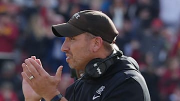 Iowa State head coach Matt Campbell celebrates after an interception by defenders against Kansas during the fourth quarter in the senior day on Nov. 22, 2025, at Jack Trice Stadium in Ames, Iowa