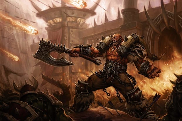 World of Warcraft warrior Garrosh Hellscream stands in a battle fighting.