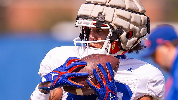 Florida Gators wide receiver Marcus Burke (88) hauls in a pass while running pass routes during Fall practice at Sanders Practice Fields in Gainesville, FL on Thursday, August 8, 2024. [Doug Engle/Gainesville Sun]