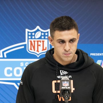 Feb 28, 2025; Indianapolis, IN, USA; TCU wideout Jack Bech answers questions at a press conference during the 2025 NFL Combine at Indiana Convention Center.
