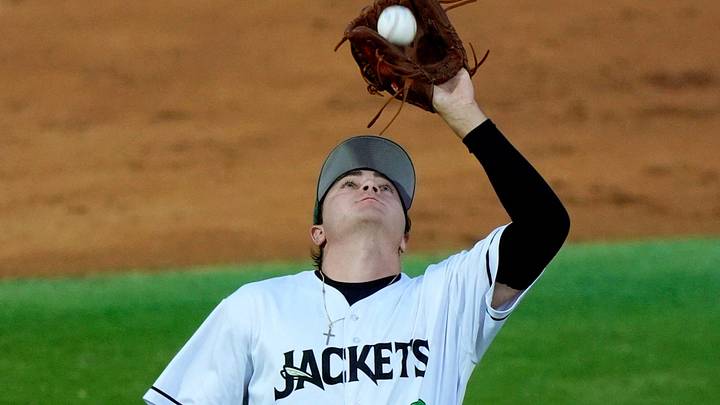 Augusta GreenJackets infielder Alex Lodise (12) catches a fly ball during opening day of the Augusta GreenJackets at SRP Park in North Augusta, S.C., on Tuesday, April 14, 2026. The GreenJackets beat Fayetteville 4-2. Mandatory Credit: Katie Goodale - Augusta Chronicle/USA TODAY NETWORK