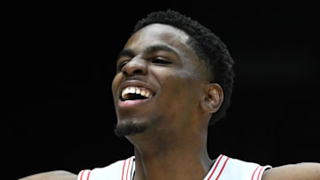 Mar 30, 2025; Indianapolis, IN, USA; Houston Cougars guard Terrance Arceneaux (23) reacts against the Tennessee Volunteers in the second half during the Midwest Regional final of the 2025 NCAA tournament at Lucas Oil Stadium. Mandatory Credit: Robert Goddin-Imagn Images