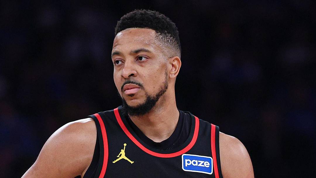 Atlanta Hawks guard CJ McCollum (3) looks at the basket during the first half of the 2026 NBA Playoffs against the New York Knicks at Madison Square Garden on April 18, 2026.