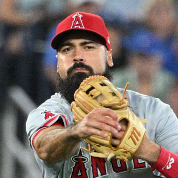 Los Angeles Angels third baseman Anthony Rendon throws a ball.