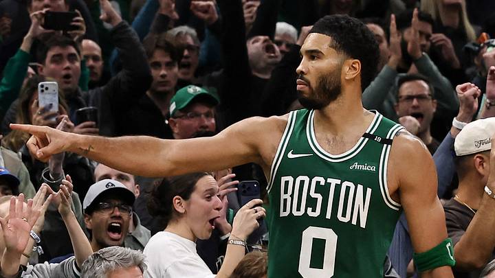Oct 23, 2026; Boston, Massachusetts, USA; Boston Celtics forward Jayson Tatum (0) points to the crowd after making a three point basket during the second half of their win over the New York Knicks at TD Garden. Mandatory Credit: Winslow Townson-Imagn Images