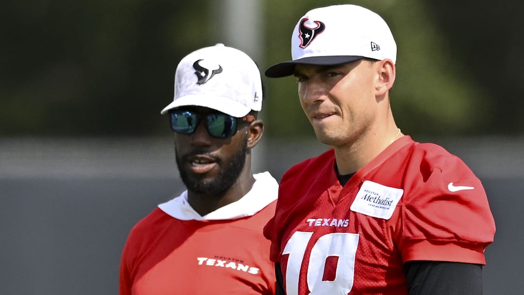 Houston Texans quarterback Graham Mertz (18) looks on during an NFL football minicamp at NRG Stadium. 