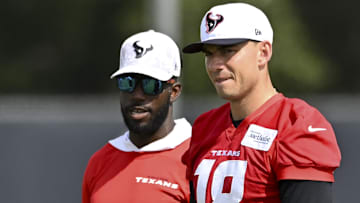 Houston Texans quarterback Graham Mertz (18) looks on during an NFL football minicamp at NRG Stadium. 