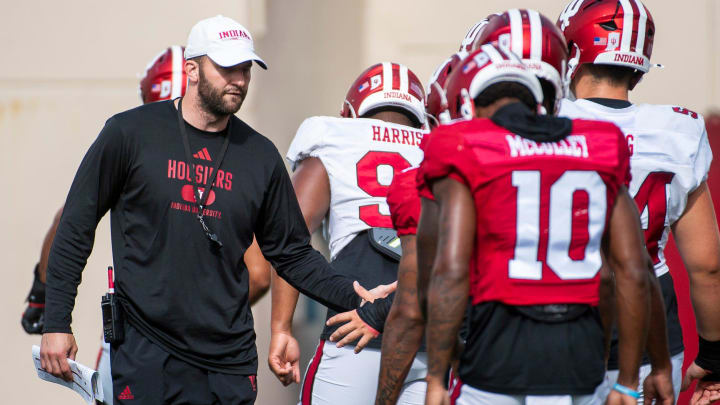 Indiana offensive coordinator Mike Shanahan during fall practice at the Mellencamp Pavilion at Indiana University on Friday, Aug. 16, 2024.