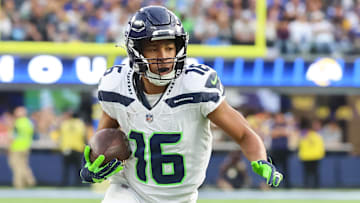 `’Jan 5, 2025; Inglewood, California, USA;  Seattle Seahawks Wide Receiver Tyler Lockett 
(16) runs down the field baseline at SoFi Stadium for the Seattle Seahawks at Los Angeles Rams Week 18 matchup. Mandatory Credit: William Navarro-Imagn Images