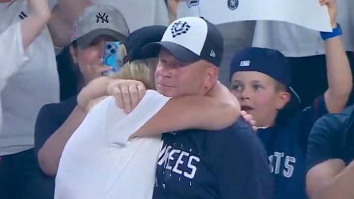 Cam Schlittler's parents share a nice moment after their son impressed in his Major League debut. Cam Schlittler's parents share a nice moment after their son impressed in his Major League debut.