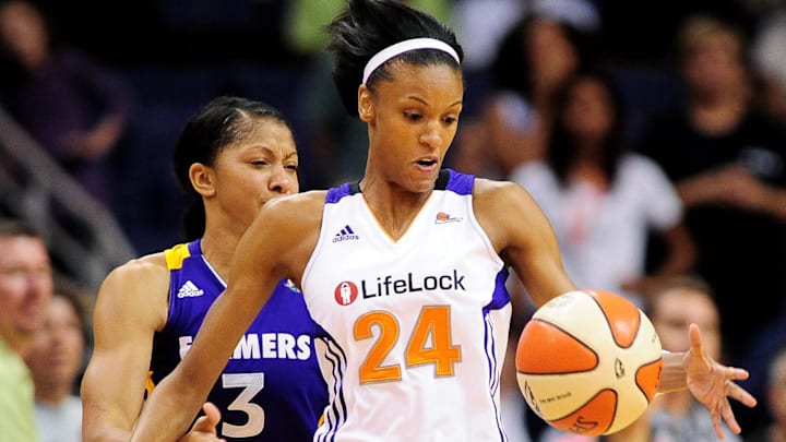 Sep 3, 2011; Phoenix, AZ, USA; Phoenix Mercury guard DeWanna Bonner (24) is guarded by Los Angeles Sparks forward Candace Parker (3) during the second half at the US Airways Center. The Mercury defeated the Sparks 93-77. Mandatory Credit: Jennifer Stewart-Imagn Images Sep 3, 2011; Phoenix, AZ, USA; Phoenix Mercury guard DeWanna Bonner (24) is guarded by Los Angeles Sparks forward Candace Parker (3) during the second half at the US Airways Center. The Mercury defeated the Sparks 93-77. Mandatory Credit: Jennifer Stewart-Imagn Images