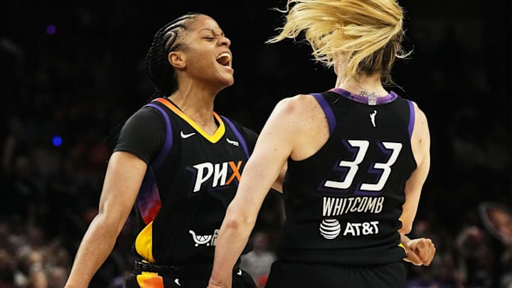 Phoenix Mercury guard Monique Akoa Makani (8) reacts after guard Sami Whitcomb (33) made a basket against the Minnesota Lynx in the first half during Game 3 of WNBA semifinals at PHX Arena on Sept. 26, 2025.