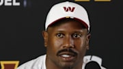 Jul 24, 2025; Ashburn, VA, USA; Washington Commanders outside linebacker Von Miller (24) speaks with the media after practice on day two of training camp at OrthoVirginia Training Center at Commanders Park. Mandatory Credit: Geoff Burke-Imagn Images