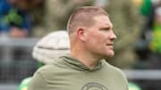 Oregon defensive coordinator Tosh Lupoi walks the field during the Oregon Ducks’ Spring Game Saturday, April 27. 2024 at Autzen Stadium in Eugene, Ore.