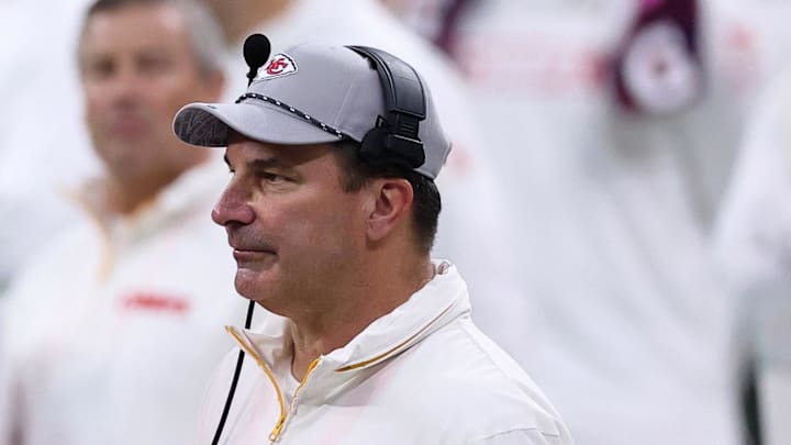 Feb 9, 2025; New Orleans, LA, USA; Kansas City Chiefs head coach Andy Reid and defensive line coach Joe Cullen looks on from the sideline of Super Bowl LIX at Caesars Superdome. Mandatory Credit: Bill Streicher-Imagn Images