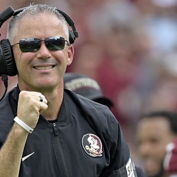 Sep 20, 2025; Tallahassee, Florida, USA; Florida State Seminoles head coach Mike Norvell reacts after a touchdown during the first half against the Kent State Golden Flashes at Doak S. Campbell Stadium. Mandatory Credit: Melina Myers-Imagn Images