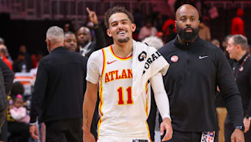 Atlanta Hawks guard Trae Young reacts after a victory against the Philadelphia 76ers at State Farm Arena.