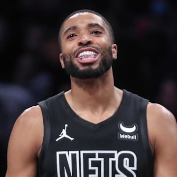 Mar 29, 2024; Brooklyn, New York, USA; Brooklyn Nets forward Mikal Bridges (1) smiles after being called for a foul in the third quarter against the Chicago Bulls at Barclays Center. Mandatory Credit: Wendell Cruz-Imagn Images