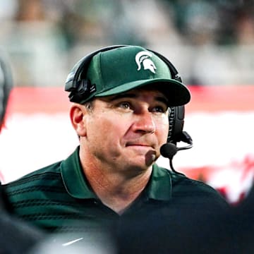 Michigan State's head coach Jonathan Smith looks on during the second quarter in the game against Florida Atlantic on Friday, Aug. 30, 2024, at Spartan Stadium in East Lansing.