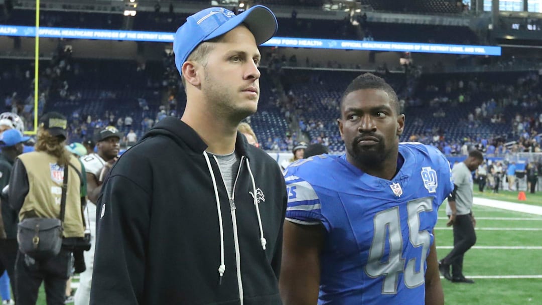Detroit Lions quarterback Jared Goff (16) and fullback Jason Cabinda (45) walk off the field after preseason action against the Jacksonville Jaguars, Saturday, August 19, 2023 at Ford Field.